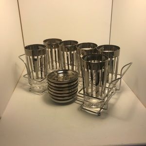 Vtg Dorothy Thorpe Platinum Rimmed Striped set of 6 glasses 6 coasters and caddy
